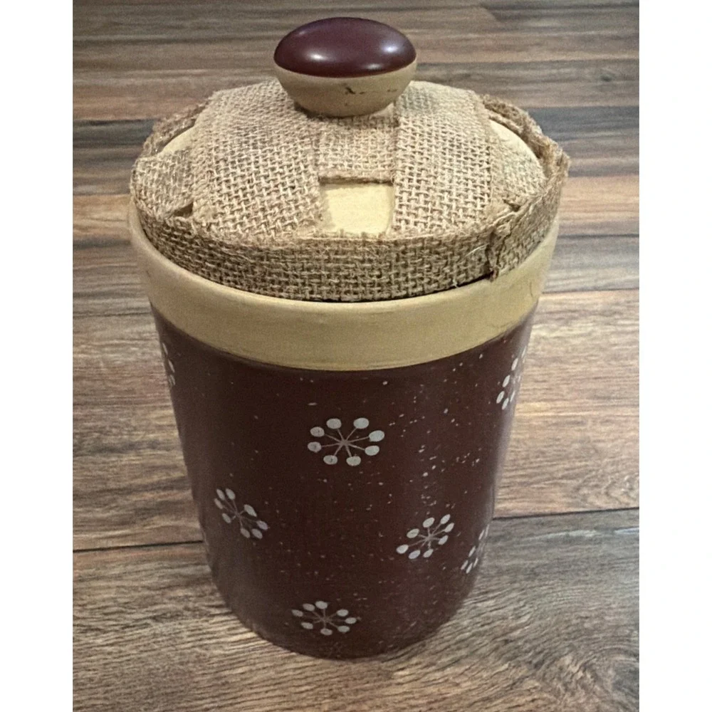 Vtg Snowman Happy Holidays DIY‎ Burlap 3D Ceramic Canister Cookie Jar w Lid